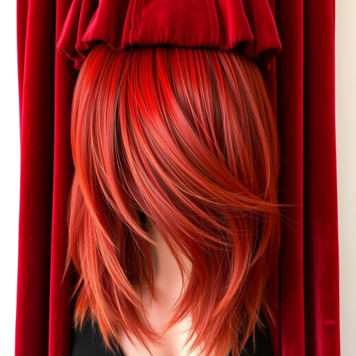 Fiery red velvet curtain bangs framing a long layered cut with subtle copper highlights, creating dimension and movement reminiscent of flickering flames