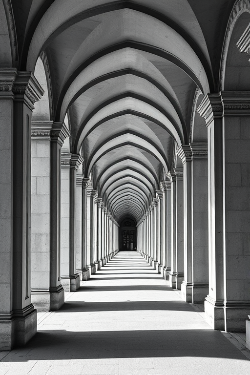 Capture a monochrome photograph of an architectural corridor with arched columns, utilizing a Canon EOS R5, 24-70mm lens at f/8, ISO 100, 1/125 sec, with a wide-angle perspective and natural lighting to enhance shadows and depth.