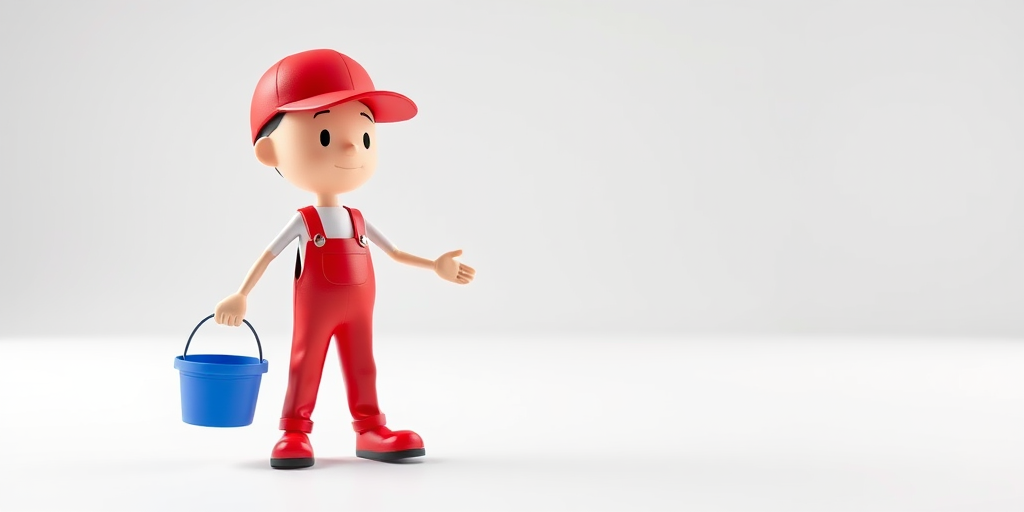 Create an image of a 3D stick figure character wearing a red cap and red overalls, holding a blue bucket, in a bright, minimalistic studio setting with soft lighting, using a DSLR camera with a 50mm lens, f/1.8 aperture, ISO 100, and a shallow depth of field for enhanced focus and quality.