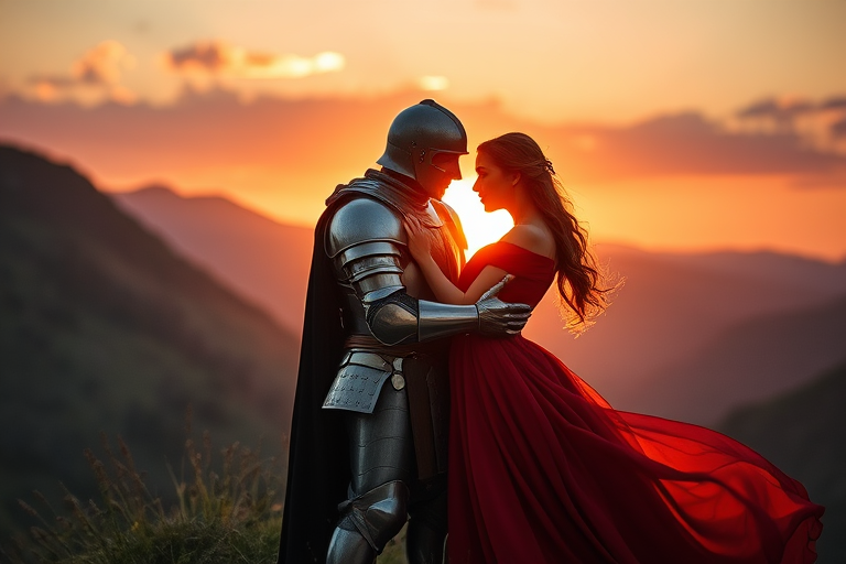 Generate an image of a knight in shining armor embracing a woman in a flowing red dress during a sunset in a mountainous landscape, captured with a Canon EOS R5 at f/1.8, ISO 100, 50mm lens, using a soft focus style.