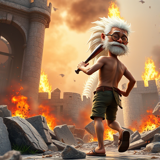 Cartoon 3D High-Resolution,dynamic battle scene using Unreal Engine 5 and Octane Render. The scene features back of an elderly, thai man with a beard,messy hair and round golden-rimmed glasses. He is wearing a tattered tank top with soot marks, shorts, and sandals. sweating. he wields a baseball bat. He jump to fight with a white fire-breathing Europe dragon amidst a partially destroyed stone castle. Include intense flames, smoke, and debris to enhance the dramatic effect.