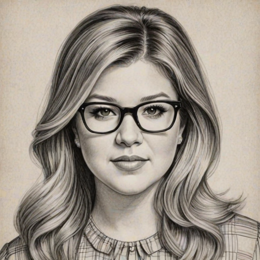 Captivating Kelly Clarkson, pencil sketch, portrait of Lovely woman 1960s in glasses, hair style beatnik, outline, clear lines, fine lines, 8k