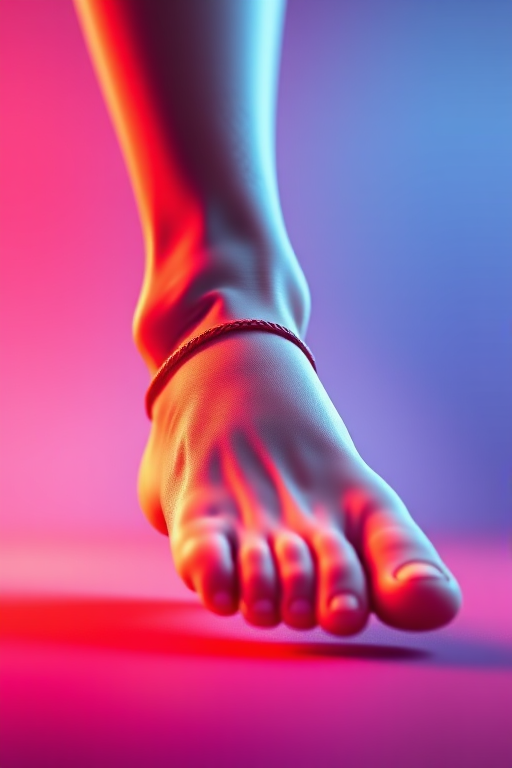 generate a detailed illustration of a human foot with a red anklet, using a soft focus effect, aperture f/2.8, 50mm lens, shot from a low angle, vibrant colors and high contrast, with a smooth gradient background for improved depth.