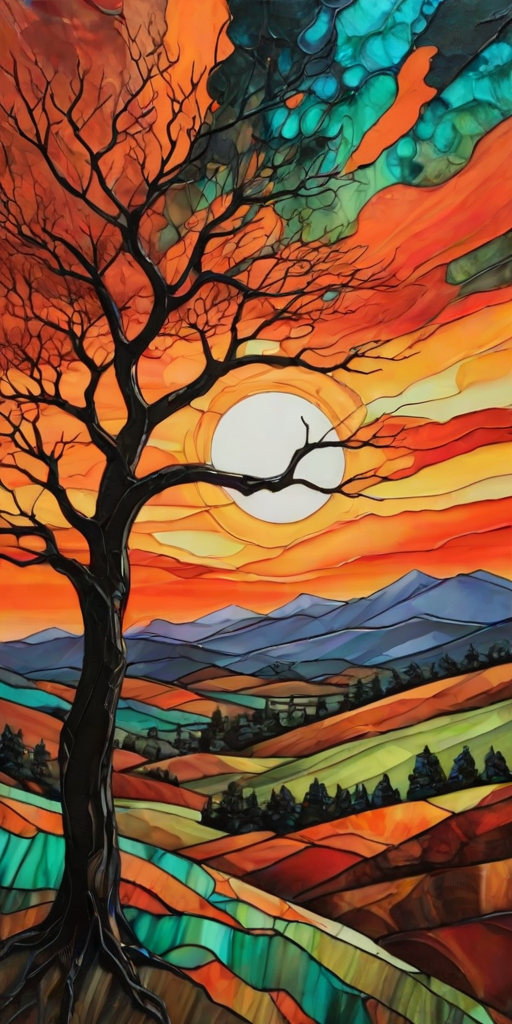 A vibrant abstract painting on Tiffany Glass, blending acrylic and alcohol ink techniques, captures a dramatic sunset over rolling hills. The artwork features a textured, rocky foreground in green and brown, layered abstract hills, and a striking sunset in rich oranges, yellows, and reds. A solitary black tree with intricate branches contrasts against the fiery sky, creating a dynamic and expressive portrayal of a breathtaking natural scene.