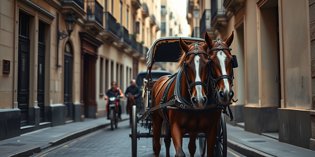 regenerate an image of a horse-drawn carriage on a narrow city street, use a Canon EOS R5 camera with a 50mm lens, aperture set to f/2.8, shutter speed at 1/200s, ISO 100, shoot from a low angle to emphasize the carriage and horses, ensuring vivid colors and high detail.