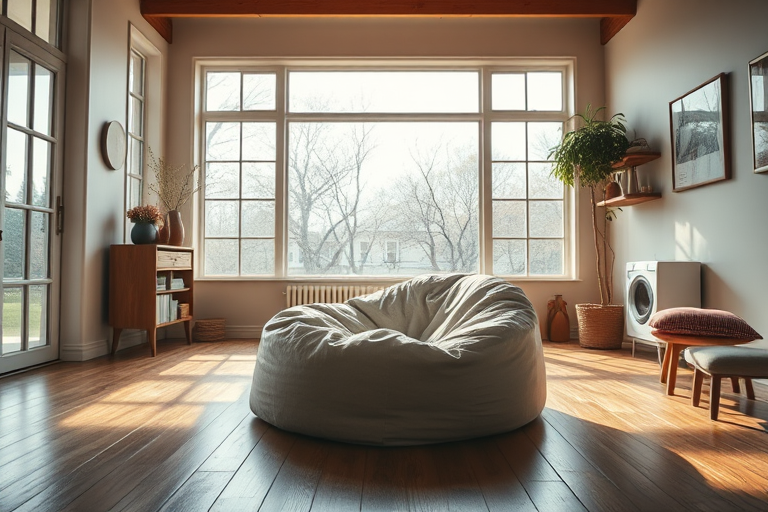 interior of a cozy room with a large bean bag chair on wooden floor, soft natural lighting from big windows, camera settings f/1.4, ISO 200, shutter speed 1/60, camera view perspective angle, camera style cinematic, camera type DSLR