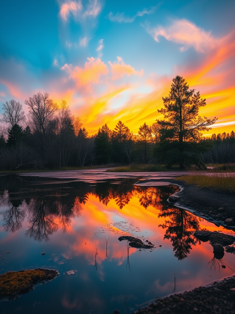 Create a high-resolution image of a serene landscape at sunset with vibrant colors, using a Canon EOS R5 camera, 24mm lens, aperture f/8, shutter speed 1/125 sec, ISO 100, shot from a low angle to capture reflective water features and surrounding trees.