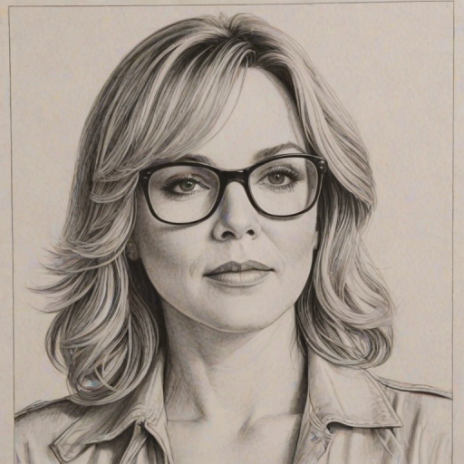 Beauteous Kim Cattrall, pencil sketch, portrait of Captivating woman 1976s in glasses, hair style beatnik, outline, clear lines, fine lines, 8k
