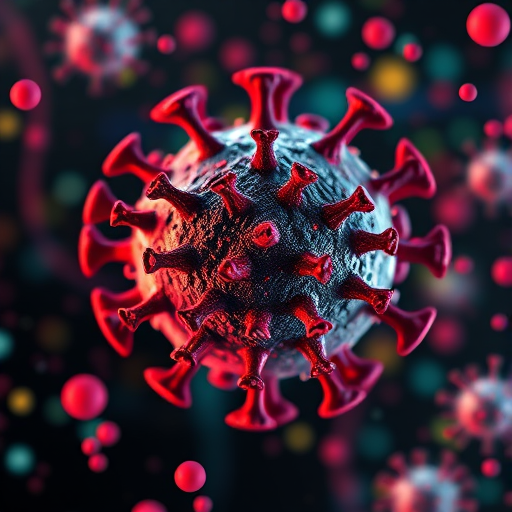 Generate a highly detailed 3D render of a virus surrounded by colorful particles and circuit-like structures, camera settings: f/1.8 aperture, ISO 100, 35mm focal length, shot from a low-angle perspective with dramatic lighting, using a high-resolution DSLR camera.