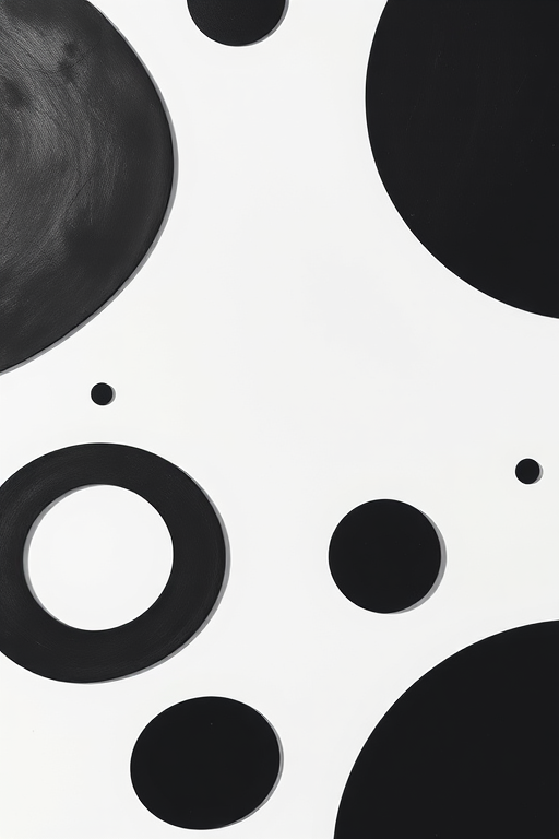 Create an abstract, minimalist image with bold black shapes on a white background, captured with a Canon EOS R6, 50mm lens, f/1.8, ISO 100, natural lighting, top-down view, high dynamic range photography.