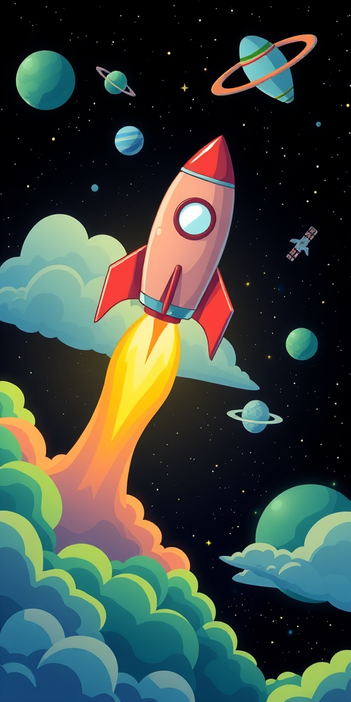 Create an illustration of a cartoon rocket launching into space with vibrant yellow flame trails, surrounded by green and blue planets, clouds, and a satellite in a dark starry background, captured with a 50mm lens at f/2.8, ISO 100, using a DSLR camera with a wide-angle view and high dynamic range settings for enhanced detail and color saturation.