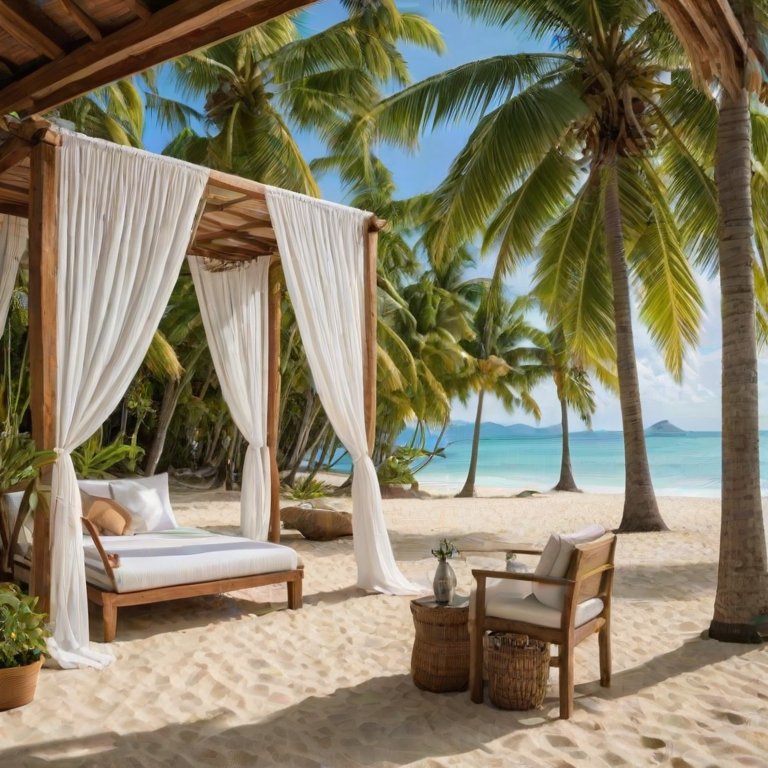 Create a picturesque tropical beach scene featuring a serene, white sandy shore. In the foreground, there's a rustic wooden canopy with white drapes gently flowing in the breeze. Underneath the canopy, a table is set with tropical decor, evoking a sense of relaxation and leisure. The beach extends into a calm, shallow water area with reflections of the sky and surroundings. Palm trees and lush greenery line the edge of the beach, providing a natural, tropical backdrop. The sky is clear with a few scattered clouds, and the overall atmosphere is tranquil and inviting, perfect for a peaceful retreat.