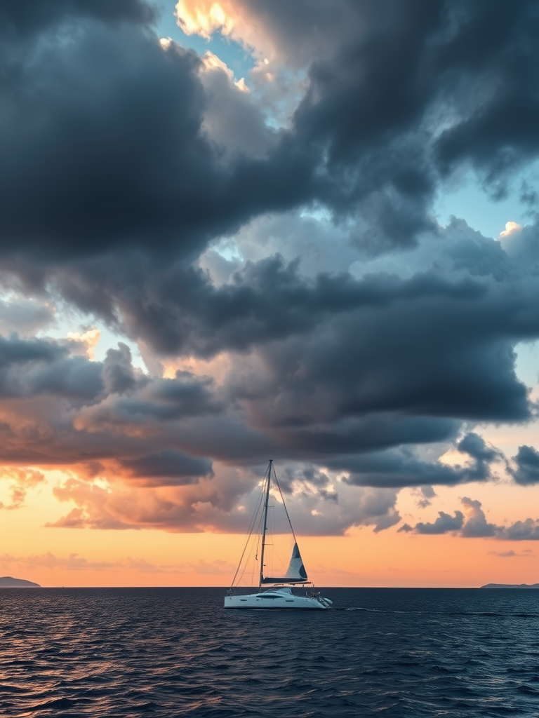 Sailboat on calm sea under dramatic cloudy sky, captured with a Canon EOS R5 at 24mm, f/8, ISO 200, at sunset, using a wide-angle lens for enhanced depth and clarity.