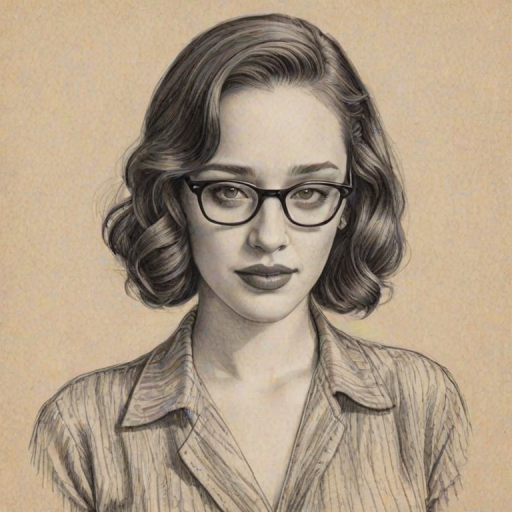 Sublime Kat Dennings, pencil sketch, portrait of Comely woman 1935s in glasses, hair style beatnik, outline, clear lines, fine lines, 8k