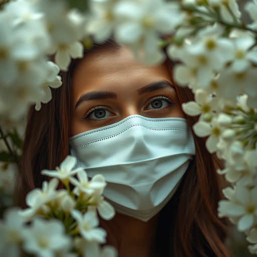 portrait of a woman with a facial mask surrounded by white flowers, soft lighting, shallow depth of field, f/1.8 aperture, 85mm lens, 1/125 sec shutter speed, Canon EOS R5, high-resolution image