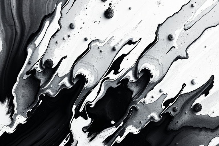 generate an abstract black and white painting with dynamic brush strokes and texture using a DSLR camera at f/8 aperture, 1/125 sec shutter speed, ISO 100, 50mm lens, with a top-down view and natural lighting for enhanced clarity