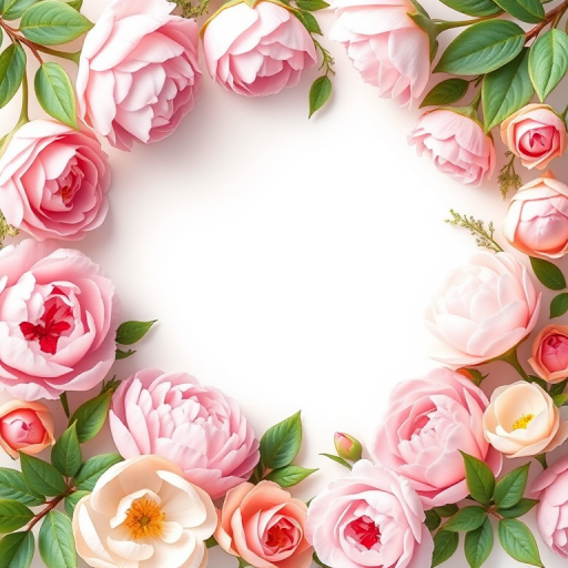 Create a high-resolution floral frame illustration featuring an array of pastel-colored flowers like peonies and roses with leafy green accents, using a Canon EOS 5D Mark IV, 50mm lens, f/1.8 aperture, ISO 100, and natural soft lighting for a bright and vivid appearance.