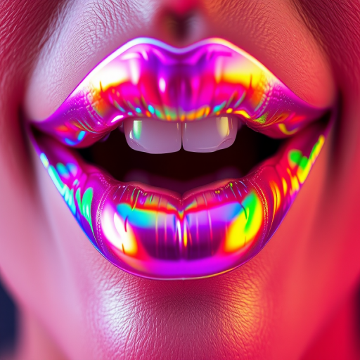 Holographic rainbow lips shifting colors as light moves across them, creating a mesmerizing, otherworldly effect that's both playful and avant-garde