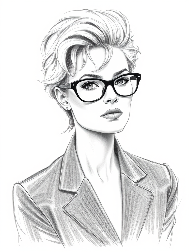Beautiful Charlize Theron, pencil sketch, portrait of beautiful woman 60s in glasses, hair style beatnik, outline, clear lines, fine lines, 8k