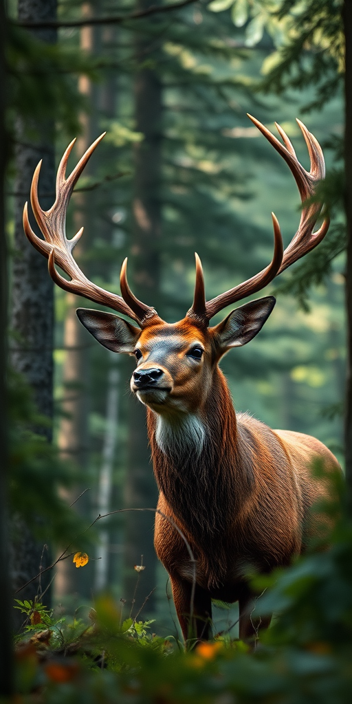 Create a highly detailed illustration of a majestic stag in a dense forest, using a Canon EOS 5D Mark IV, 50mm lens, f/1.8 aperture, ISO 100, with a shallow depth of field and natural lighting to capture rich textures and vibrant colors.