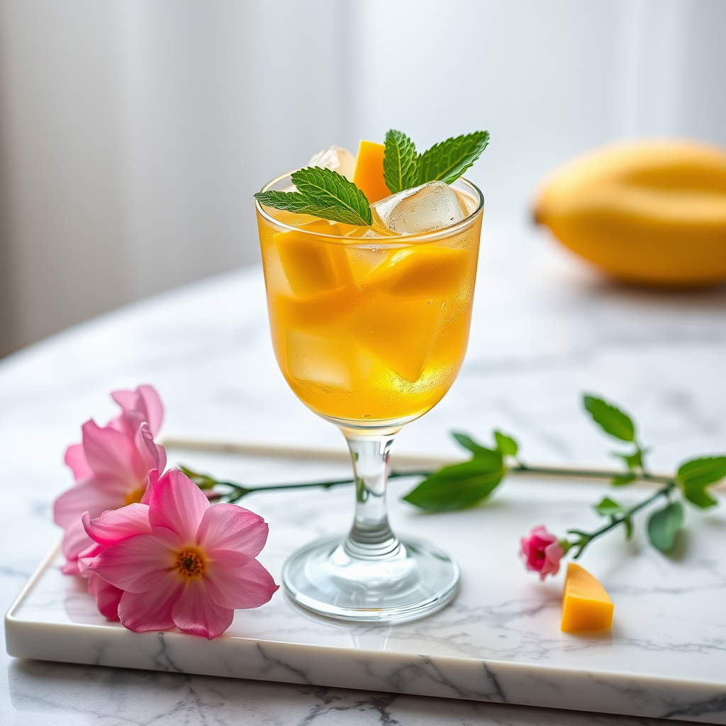 photograph of a refreshing mango cocktail with ice cubes in a glass, garnished with mint and mango pieces, placed on a marble tray with pink flowers, natural light, 50mm lens, f/2.8 aperture, ISO 100, soft focus background, high resolution