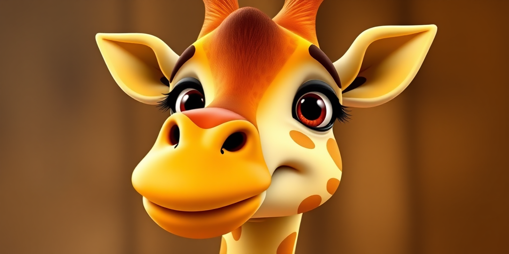 Create a high-resolution cartoon image of a smiling giraffe with yellow and brown spots, using a Canon EOS 5D Mark IV, aperture f/2.8, shutter speed 1/100s, ISO 100, with a portrait view and vibrant colors.