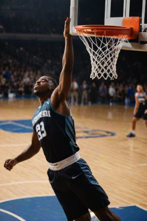 Blurry action shot of a basketball player going for a dunk, the ball suspended mid-air, harsh stadium lights casting long shadows, the crowd in the background cheering, and focus on the energy of the moment.