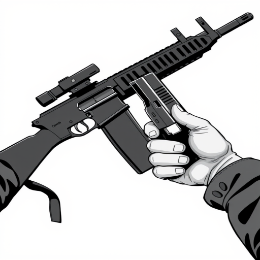 Create an illustration of two hands holding a rifle and a handgun, details highlighted with vector style, high contrast, shot with a Canon EOS R5, aperture f/8, ISO 100, 50mm lens, top-down view, using a sharp focus for clarity.