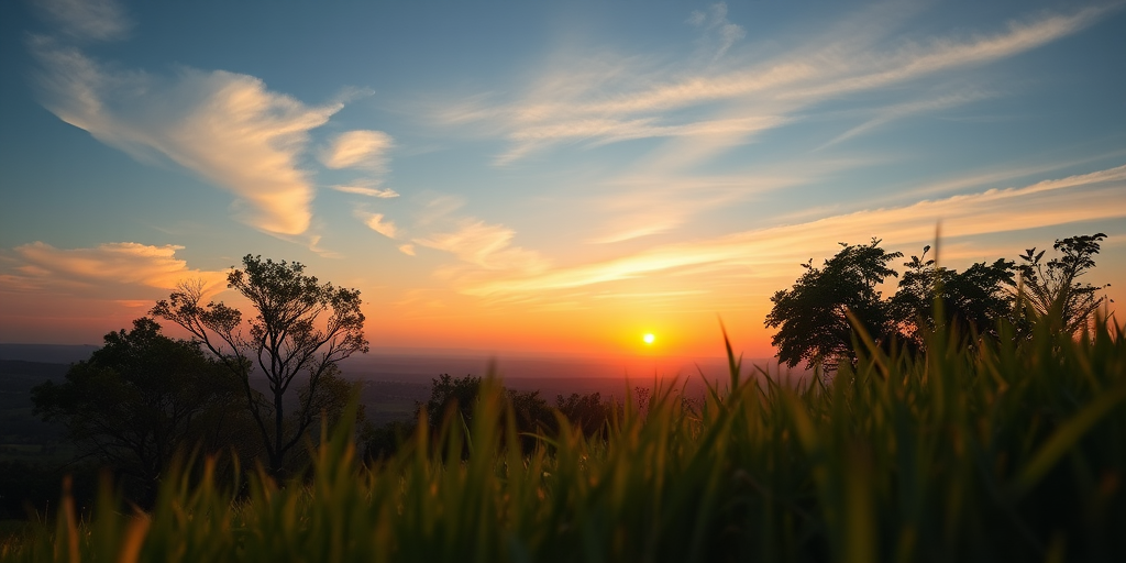 Generate a high-quality image of a serene landscape at sunrise, using a Canon EOS R5 with a 24-70mm lens, aperture f/8, ISO 100, shutter speed 1/250s, captured from a low angle, wide-angle view, in a vibrant color palette.
