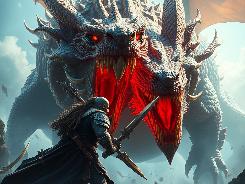 Create a high-resolution fantasy artwork featuring a warrior facing a massive, fierce dragon with sharp teeth and vibrant scales, using dramatic lighting and dynamic angles, captured with a DSLR camera at ISO 100, f/2.8, 1/200s, wide angle lens, in a painterly style.