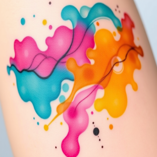 Vibrant watercolor splash tattoo named "Chromatic Symphony" featuring swirling hues of teal, magenta, and golden yellow blending seamlessly across the skin with delicate ink splatters and fine line accents