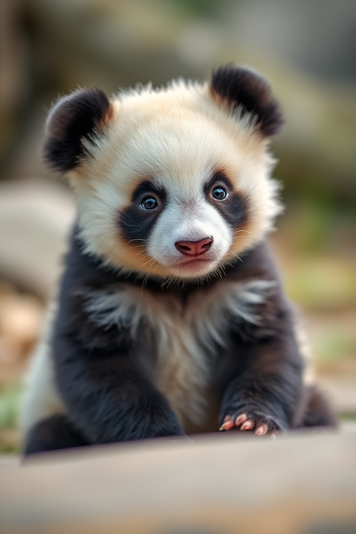 create a highly detailed close-up image of a cute panda cub sitting, using a Canon EOS 5D Mark IV camera, 85mm lens, f/1.8 aperture, 1/250s shutter speed, ISO 200, natural soft lighting, shallow depth of field for a blurred background
