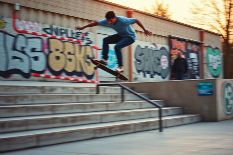 Blurry action shot of a skateboarder performing a flip trick over a stair set, urban graffiti on the walls behind him, and warm evening light casting a soft glow over the concrete.