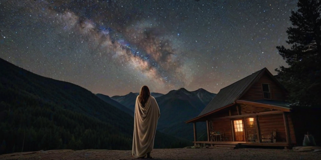 Secluded mountain cabin, the sky clear and full of stars, a woman stands outside wrapped in a blanket, her gaze upward, mesmerized by the Milky Way stretching across the night.