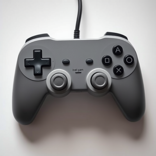 Create a high-resolution image of a classic gray gaming controller with detailed buttons and a visible wire, shot in a top-down view using a DSLR camera at f/2.8 aperture, ISO 100, shutter speed 1/60s, and soft studio lighting to enhance depth and texture.