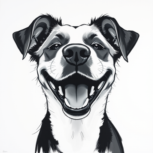 Abstract black and white acrylic portrait of an over exaggerated laughing (dog). Minimalism style. White background.