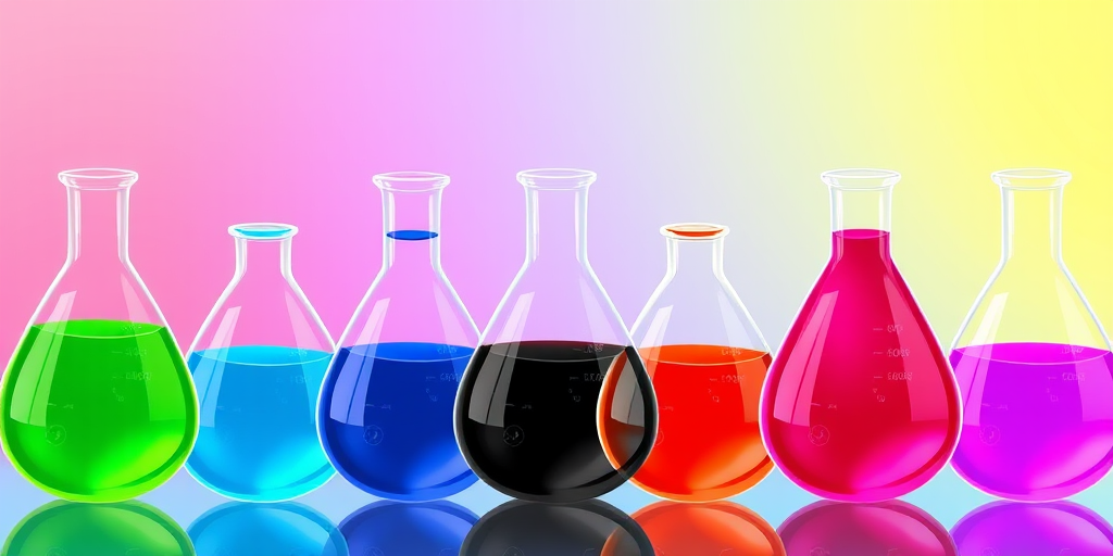 Create a vibrant illustration of six laboratory flasks arranged in two rows, each containing different colored liquids: green, blue, black, red, purple, and pink, using a digital art style, with a soft focus effect, 300 DPI resolution, and an overhead view.