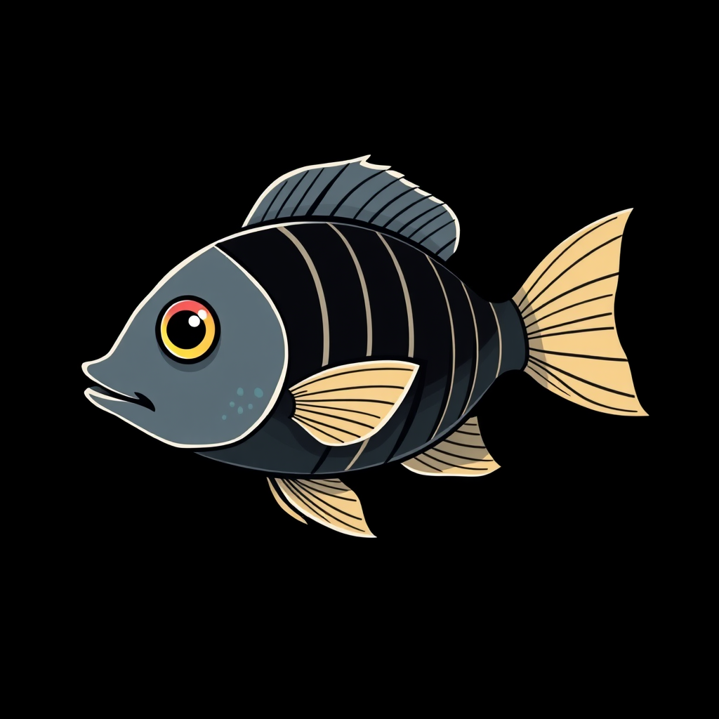 Create a high-contrast, detailed illustration of a cartoon fish on a solid black background, using a DSLR camera with a 50mm lens, aperture set to f/2.8 for shallow depth of field, ISO 100 for clarity, and optimal lighting to accentuate the lines and patterns on the fish.