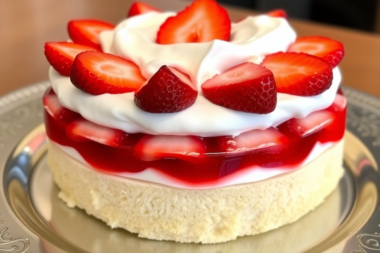 A delicious layered dessert with a soft sponge base topped with a creamy layer of whipped cream and fresh sliced strawberries, featuring a vibrant red jelly layer beneath, displayed on a decorative silver plate.