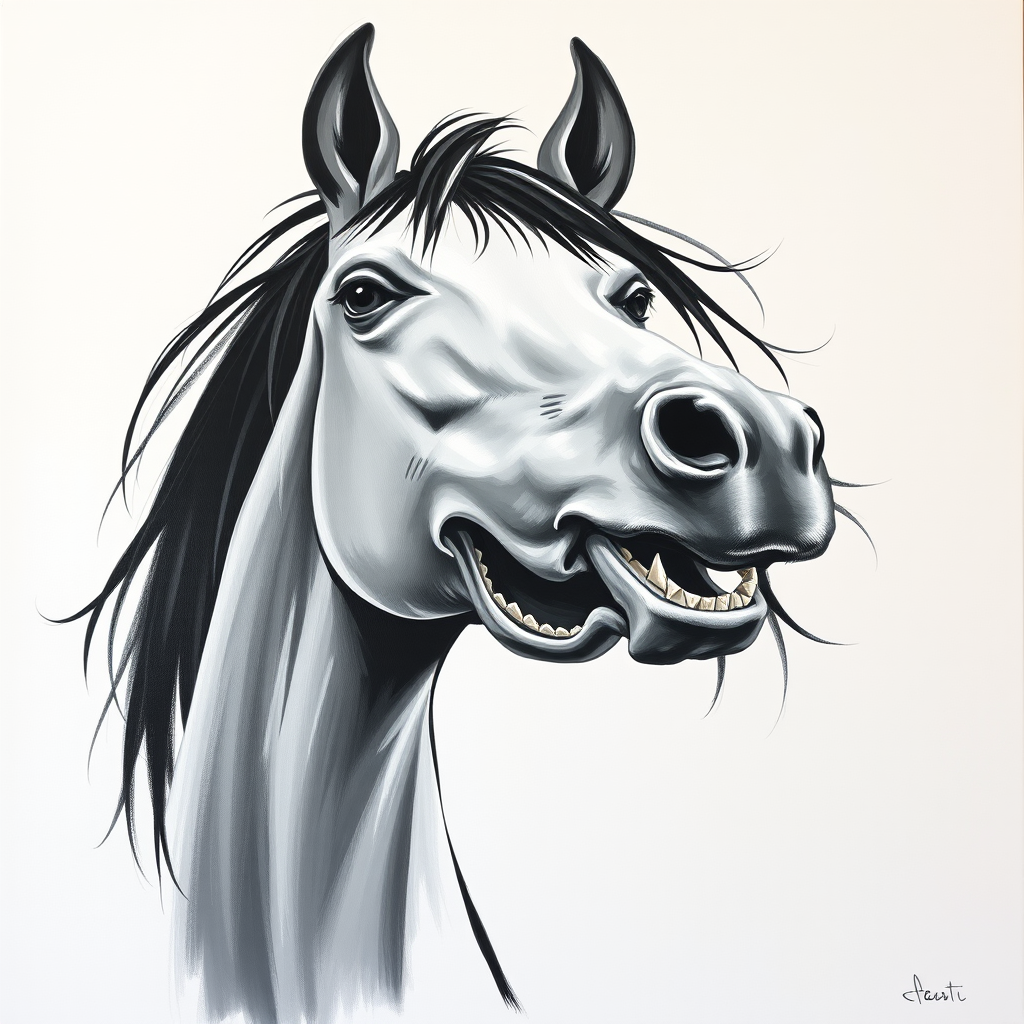 Abstract black and white acrylic portrait of an over exaggerated laughing (horse). Minimalism style. White background.