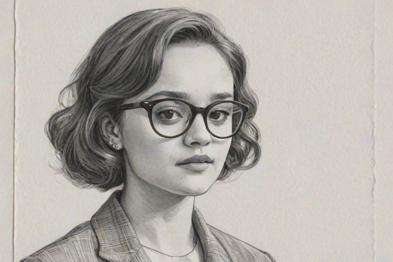 Wonderful Olivia Cooke, pencil sketch, portrait of Ravishing woman 1951s in glasses, hair style beatnik, outline, clear lines, fine lines, 8k
