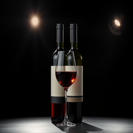 Create a high-resolution image of two wine bottles and a wine glass on a black background with dramatic lighting, using a Canon EOS R6, 50mm f/1.8 lens, ISO 100, aperture f/2.8, shutter speed 1/60s, top-down view, and studio photography style.