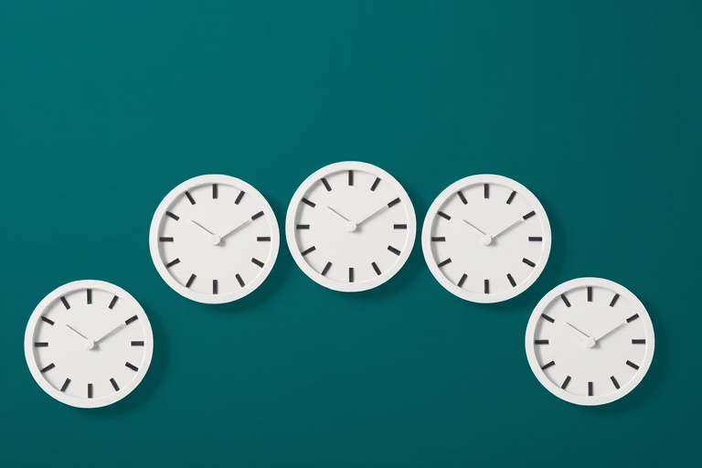 Create a digital illustration of five stylized white clocks arranged in a flowing pattern against a dark teal background, using a Canon EOS R5 with a 50mm f/1.2 lens, aperture set to f/4 for enhanced depth of field, ISO 100, and a resolution of 45 megapixels for high image quality.