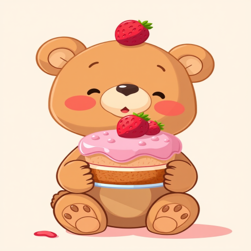 Create a cute illustration of a cartoon bear holding a pink strawberry cake, shot with a Canon EOS 5D Mark IV, 50mm lens, f/2.8 aperture, 1/125s shutter speed, and bright soft lighting for a whimsical look.
