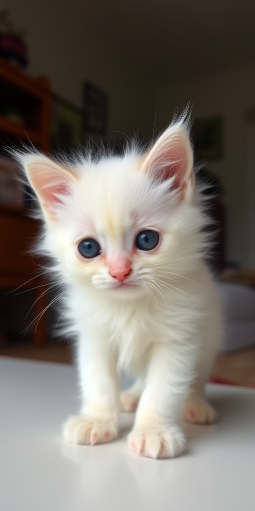 Cute fluffy kitten with soft white fur and big round black eyes standing on a light surface in a cozy indoor setting.