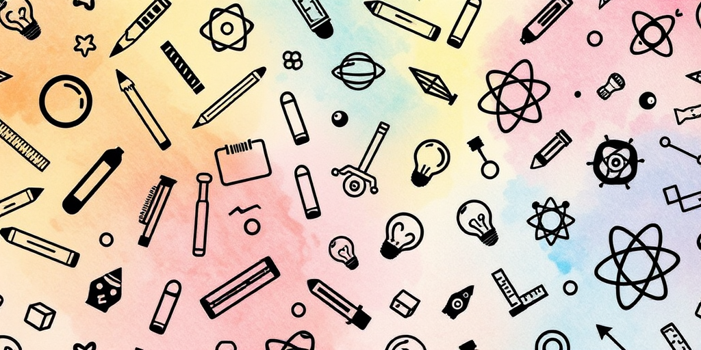 Create a vibrant background pattern featuring black science and education-themed doodles like pencils, rulers, light bulbs, and atoms on a pastel watercolor texture; camera settings: ISO 100, f/8, shutter speed 1/60, camera view: top-down, camera style: macro photography, camera type: DSLR.