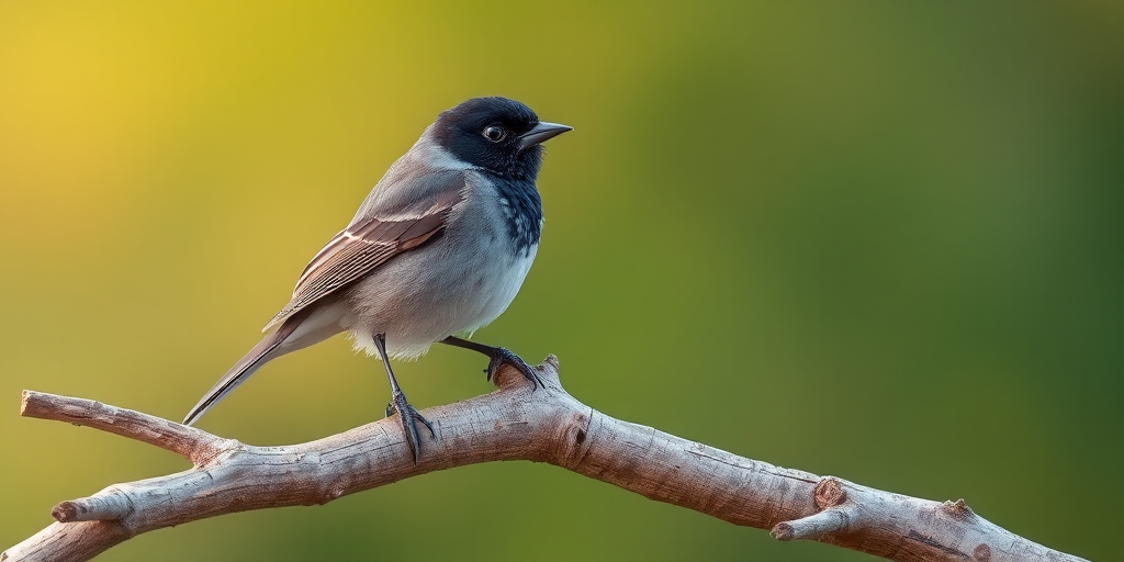 A perched bird on a weathered branch with a softly blurred background, captured in high resolution with a DSLR camera, 85mm lens, f/2.8 aperture, ISO 200, 1/500 sec shutter speed, natural light for enhanced detail and contrast.