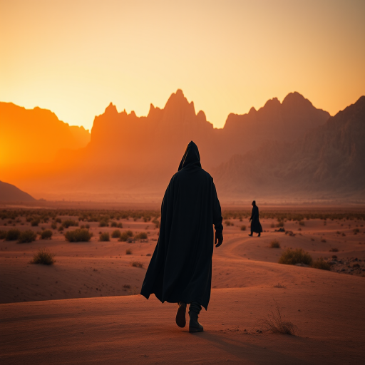 desert landscape with dramatic mountains in the background, a cloaked figure walking towards a distant figure, warm sunset lighting, high dynamic range, ISO 100, aperture f/8, shutter speed 1/125 sec, wide-angle lens, digital camera, cinematic style