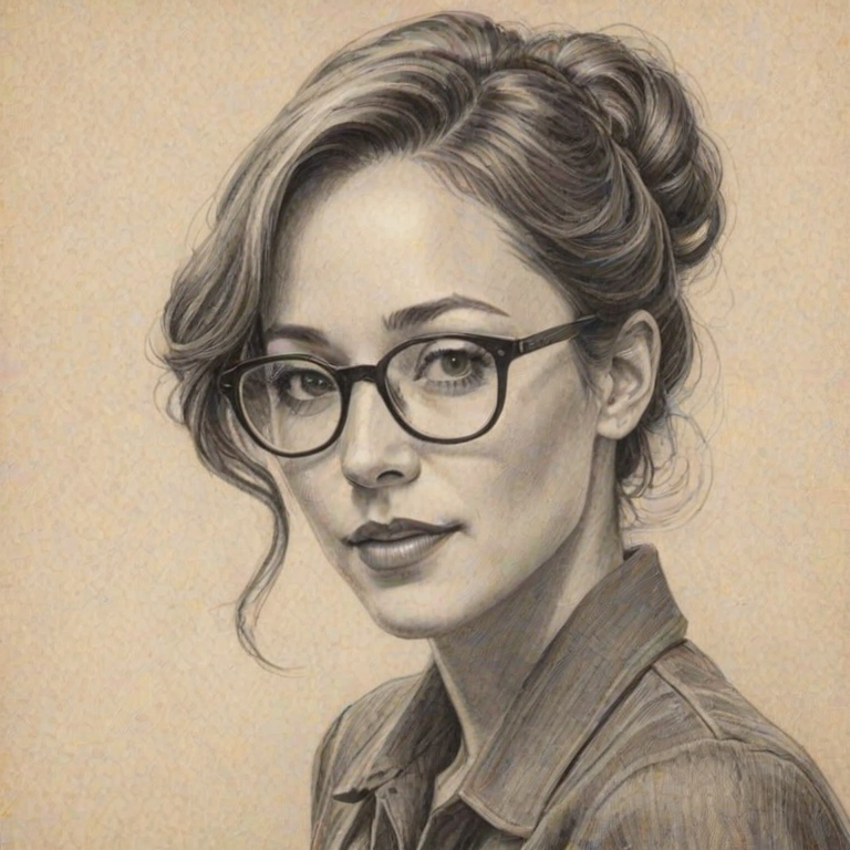 Sublime Autumn Reeser, pencil sketch, portrait of Resplendent woman 1939s in glasses, hair style beatnik, outline, clear lines, fine lines, 8k