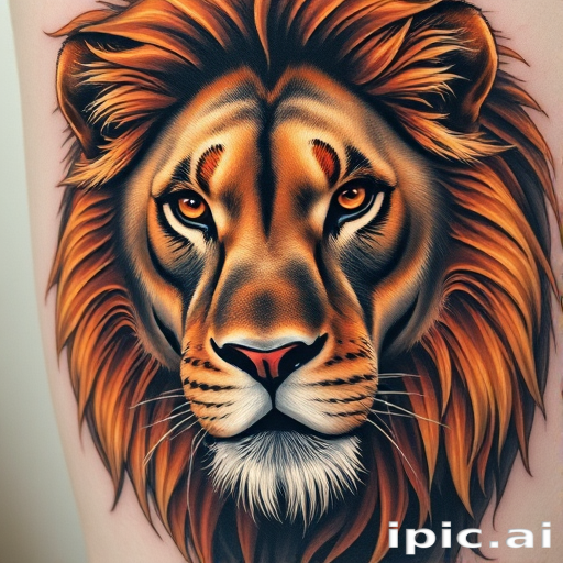 Realistic color portrait tattoo of a majestic lion with piercing eyes and a flowing mane, utilizing hyperrealistic techniques and vivid earth tones, titled "King's Gaze"